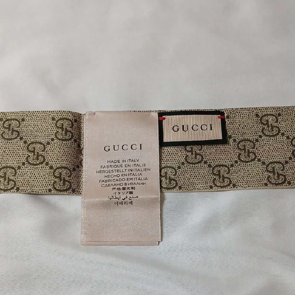 Gucci Beige GG Monogram Silk Scarf with Green and Red Stripe